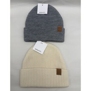 Moon Kitty Beanie Beige and Gray Size M 100% Acrylic NWT 2-pieces